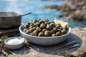 Cuisson bigorneaux dans un bol en bord de mer